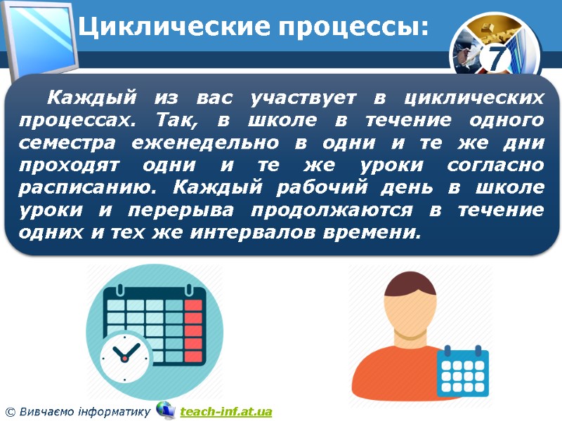 Циклические процессы: Каждый из вас участвует в циклических процессах. Так, в школе в течение